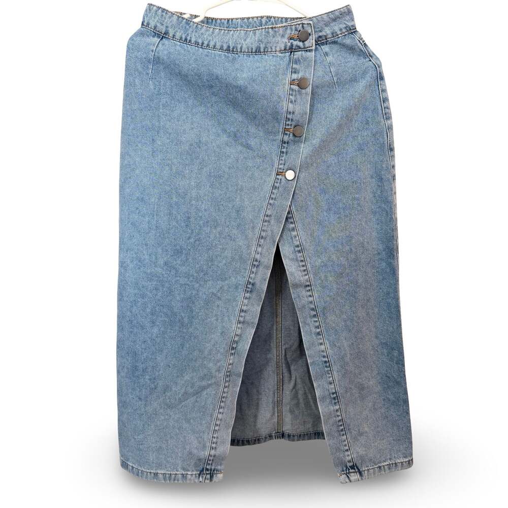 Mable Denim Wrap Midi Skirt Button Front High Waist Light Wash M NWT